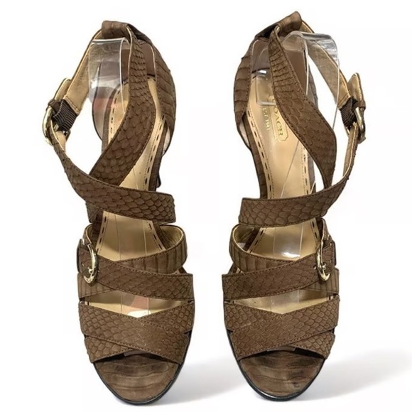 Coach Fawn Light Brown Snakeskin Embossed Leather Strappy Heels Open Toe Size 11 - Picture 10 of 10